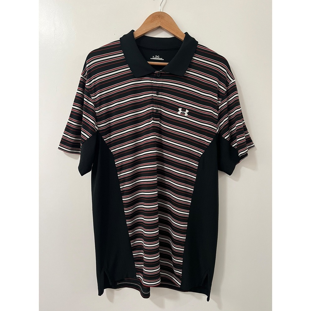 Under Armour‎ Mens Large Black Red Striped HeatGear Short Sleeve Golf Polo Shirt